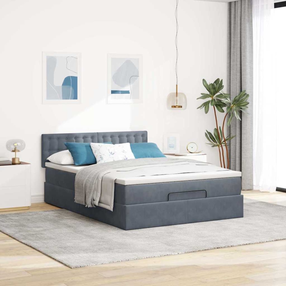 Cadru de pat otoman cu saltea Gri închis 140x200cm catifea - 3 | YEO