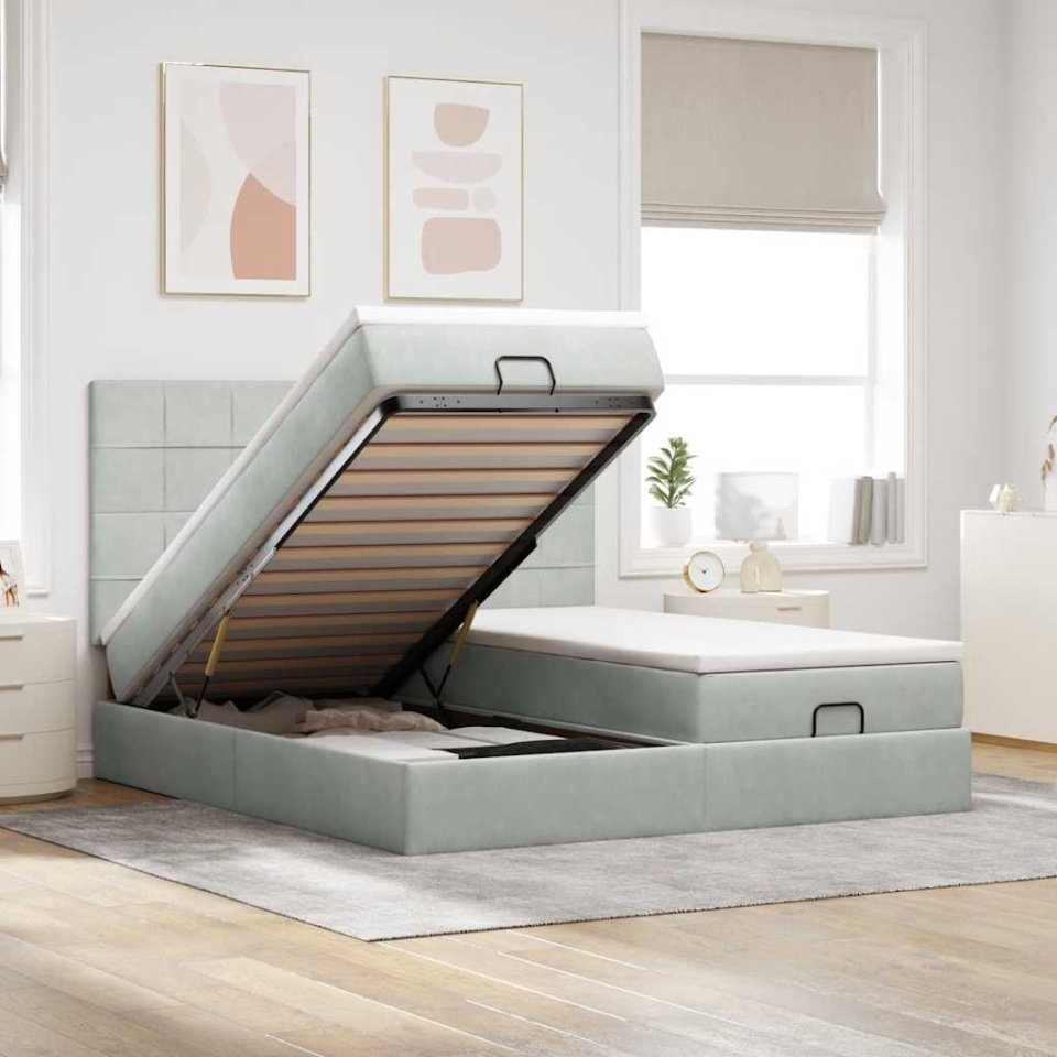 Cadru de pat otoman cu saltele Gri deschis 180x200cm catifea