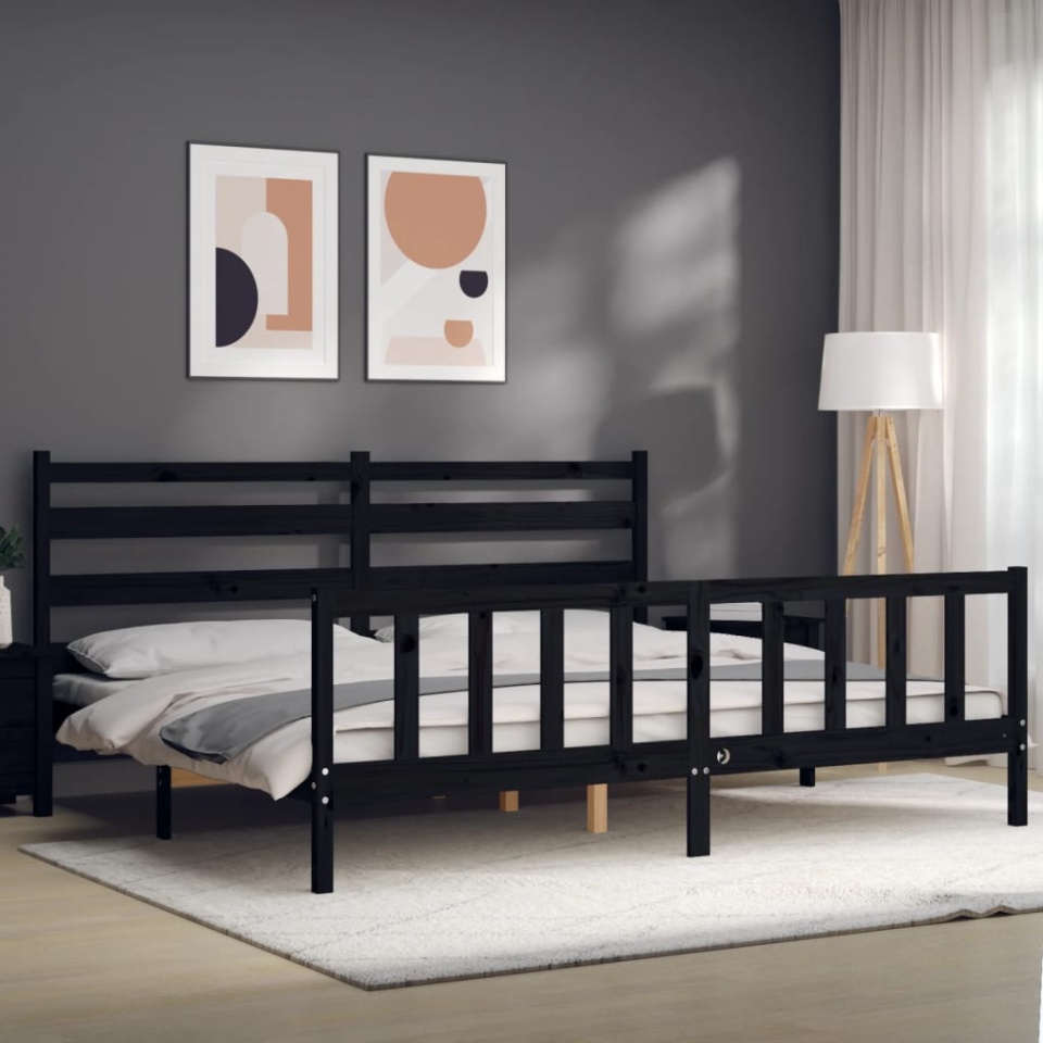 Cadru pat cu tăblie 200x200 cm, negru, lemn masiv - 3 | YEO