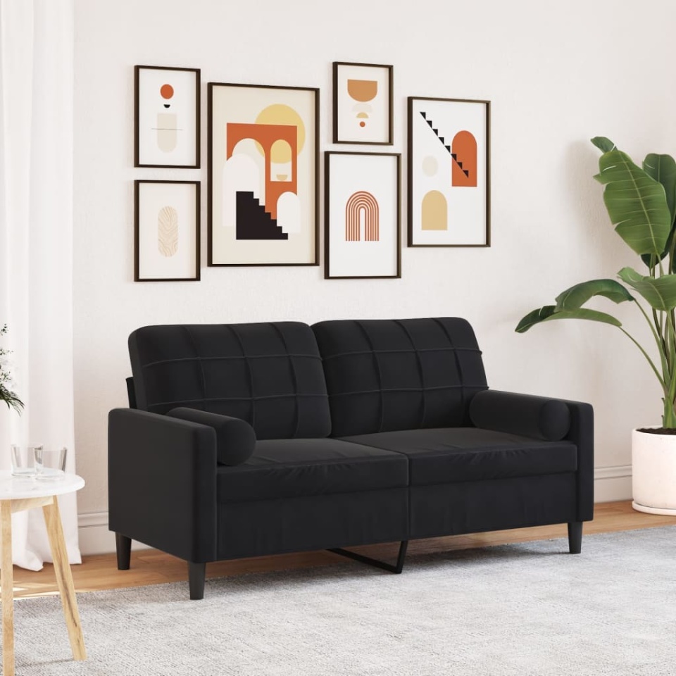 Canapea cu 2 locuri cu pernuțe, negru, 140 cm, catifea