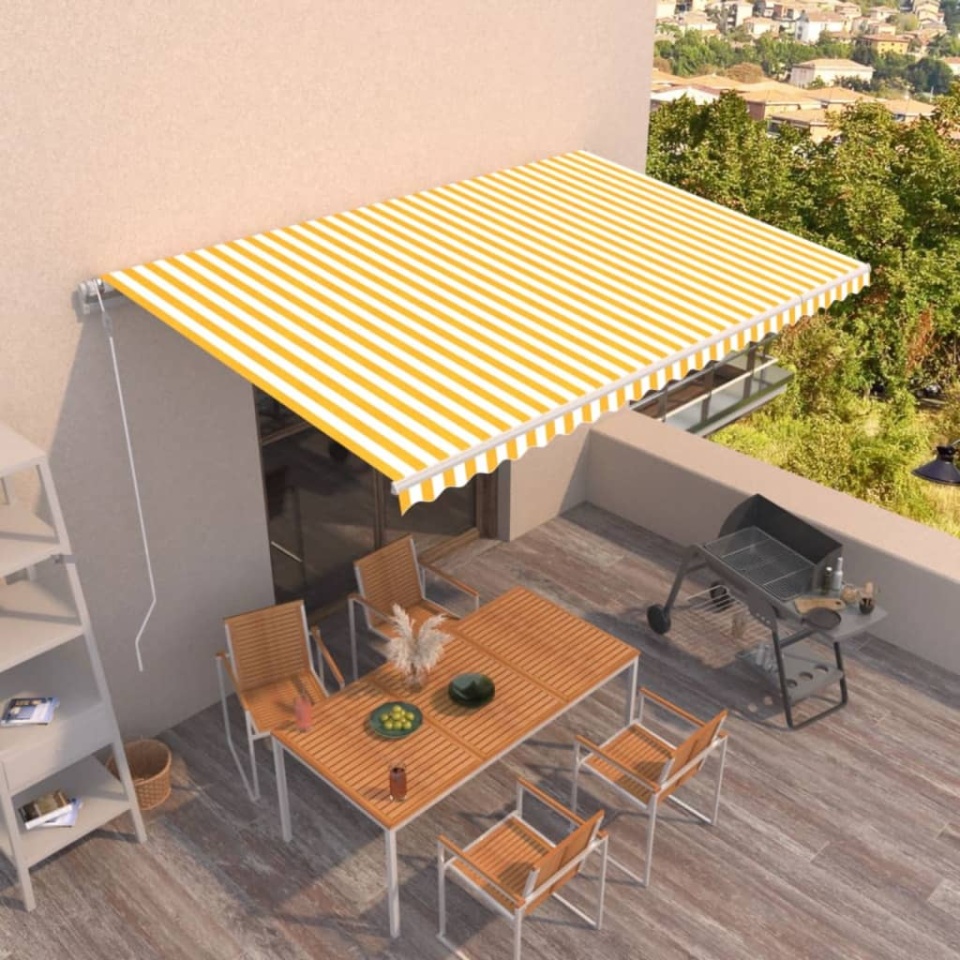 Copertină retractabilă automat, galben și alb, 500x300 cm