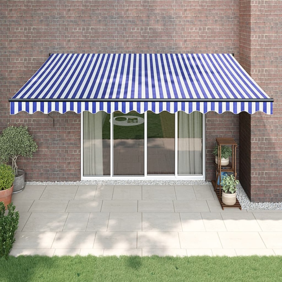 Copertină retractabilă automată, albastru și alb, 4,5x3 m