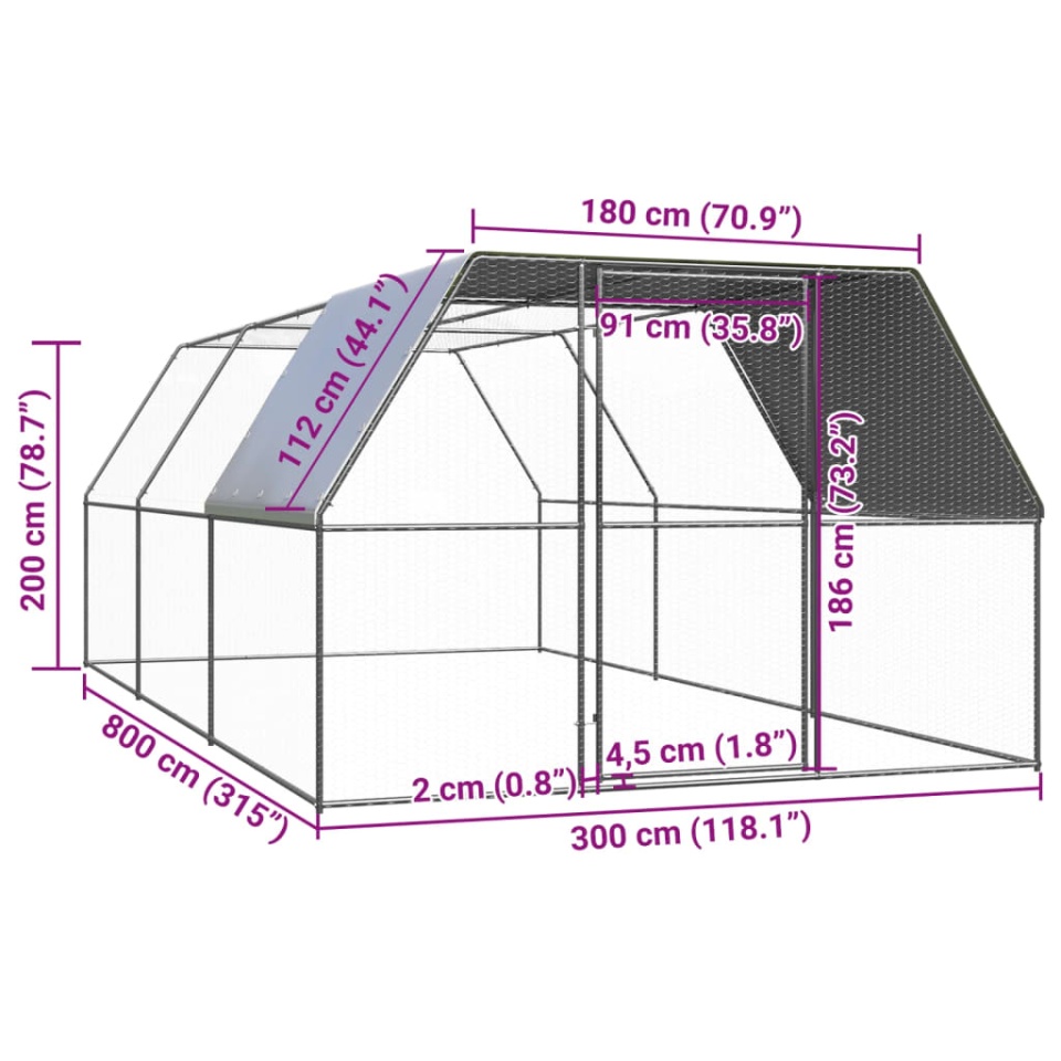 Coteț de păsări, 3x8x2 m, oțel galvanizat