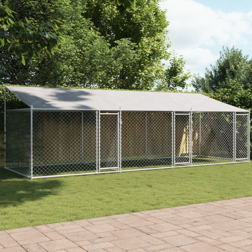 Cușcă câini cu acoperiș și uși, gri, 6x2x2 m, oțel galvanizat