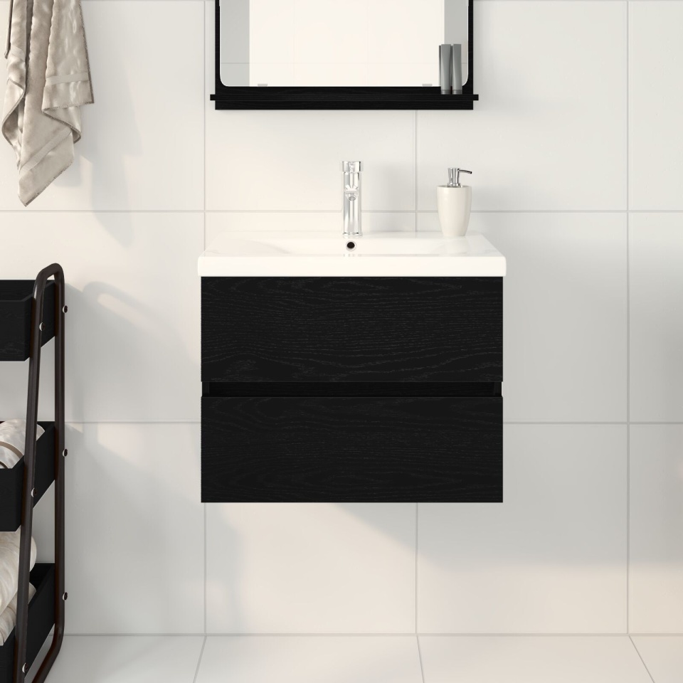 Dulap pentru chiuvetă cu chiuvetă încorporată din lemn ingineresc de stejar negru, Dulap pentru chiuvetă din stejar negru 60x38,5x45 cm lemn ingineresc - 3 | YEO