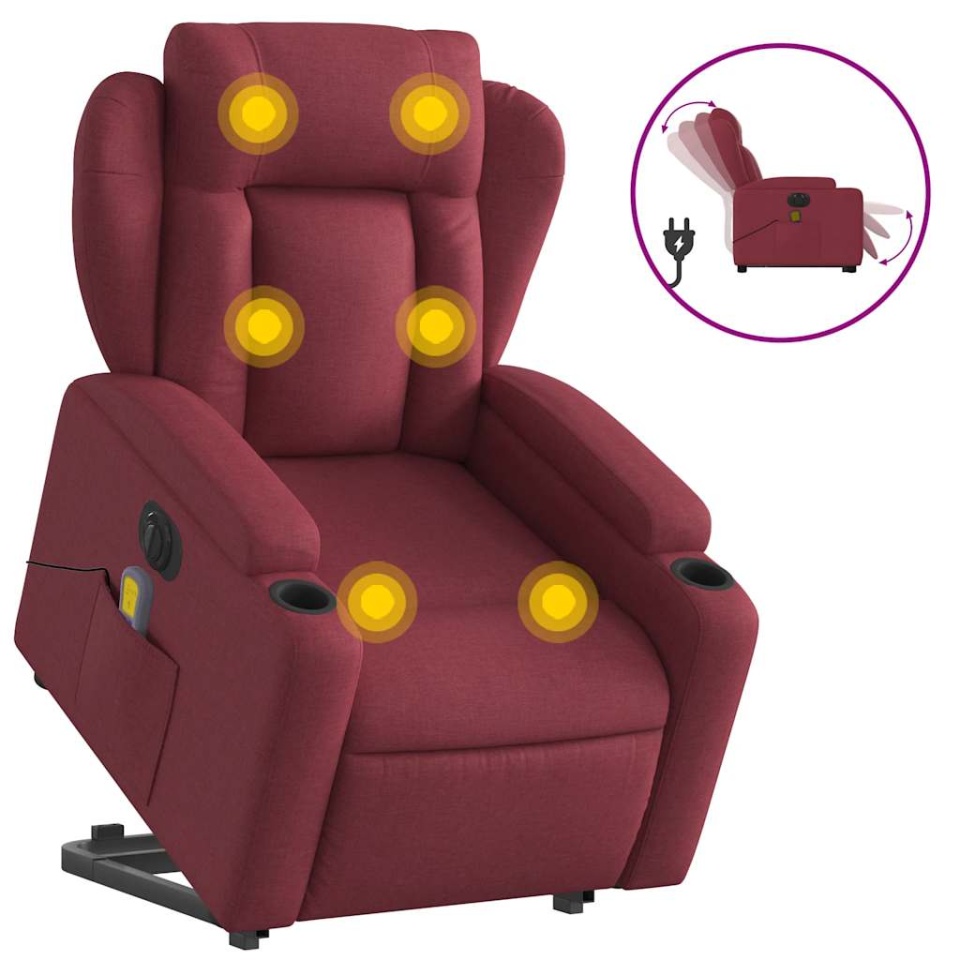 Fotoliu de masaj electric rabatabil cu ridicare roșu vin textil - 1 | YEO