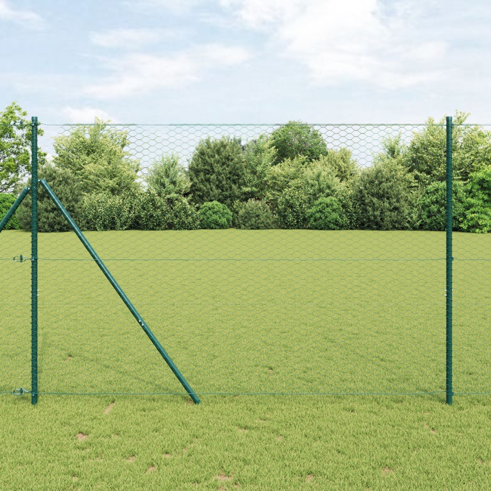 Gard Hexagonal Verde 1.6x25 m Oțel, Posturi pentru gard 13 buc Verde Ø32 mm 210 cm Oțel Zincat