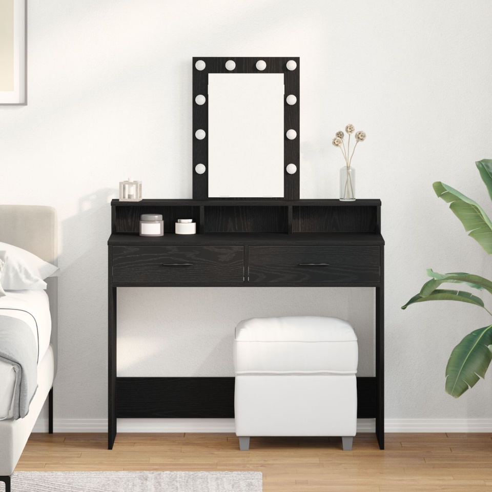 Masă de toaletă cu lumini LED, Negru Stejar, 100x41x140 cm
