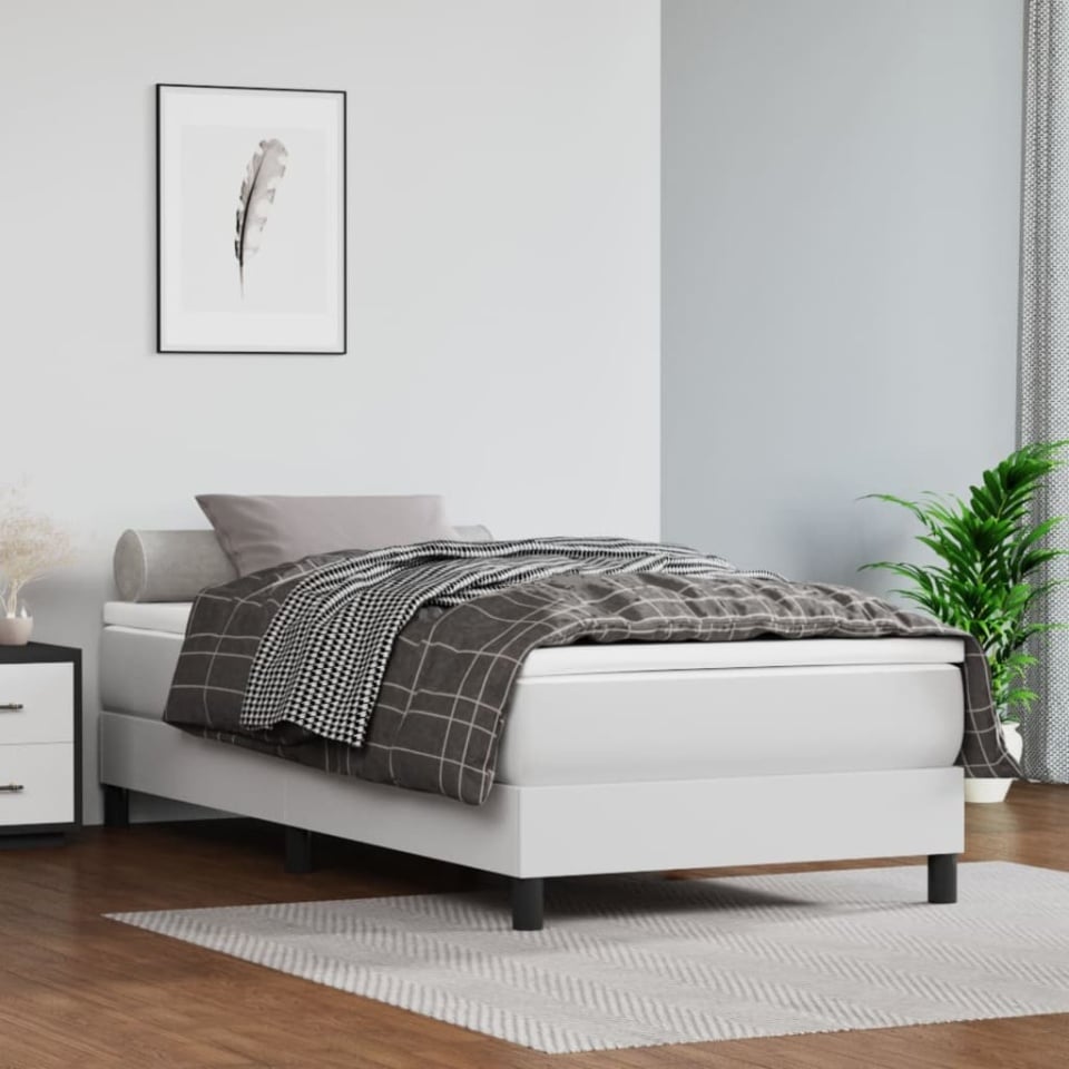 Pat box spring cu saltea, alb, 90x190 cm, piele ecologică