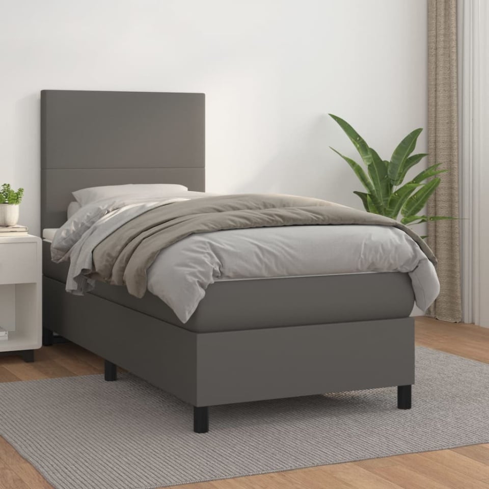 Pat box spring cu saltea, gri, 100x200 cm, piele ecologică