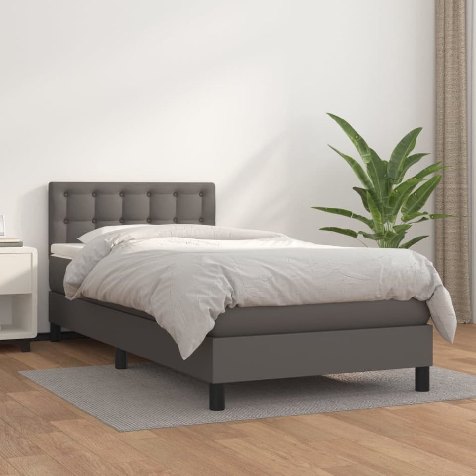 Pat box spring cu saltea, gri, 100x200 cm, piele ecologică