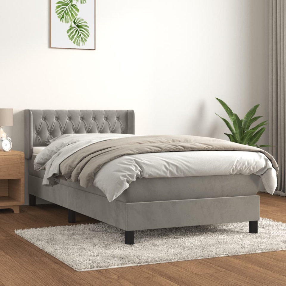 Pat box spring cu saltea, gri deschis, 100x200 cm, catifea