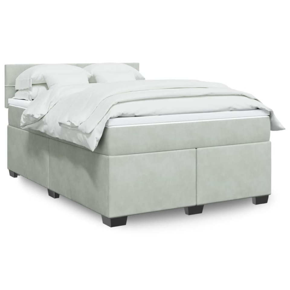 Pat box spring cu saltea, gri deschis, 160x200 cm, catifea