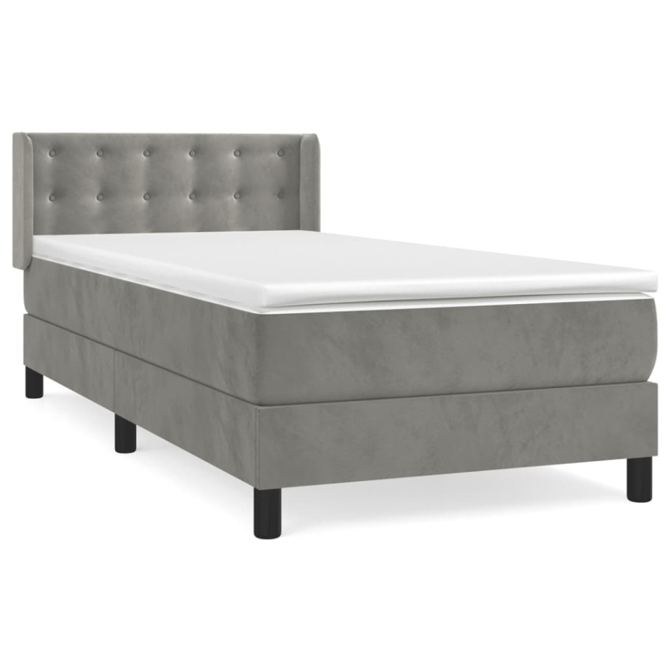 Pat box spring cu saltea, gri deschis, 90x190 cm, catifea - 1 | YEO