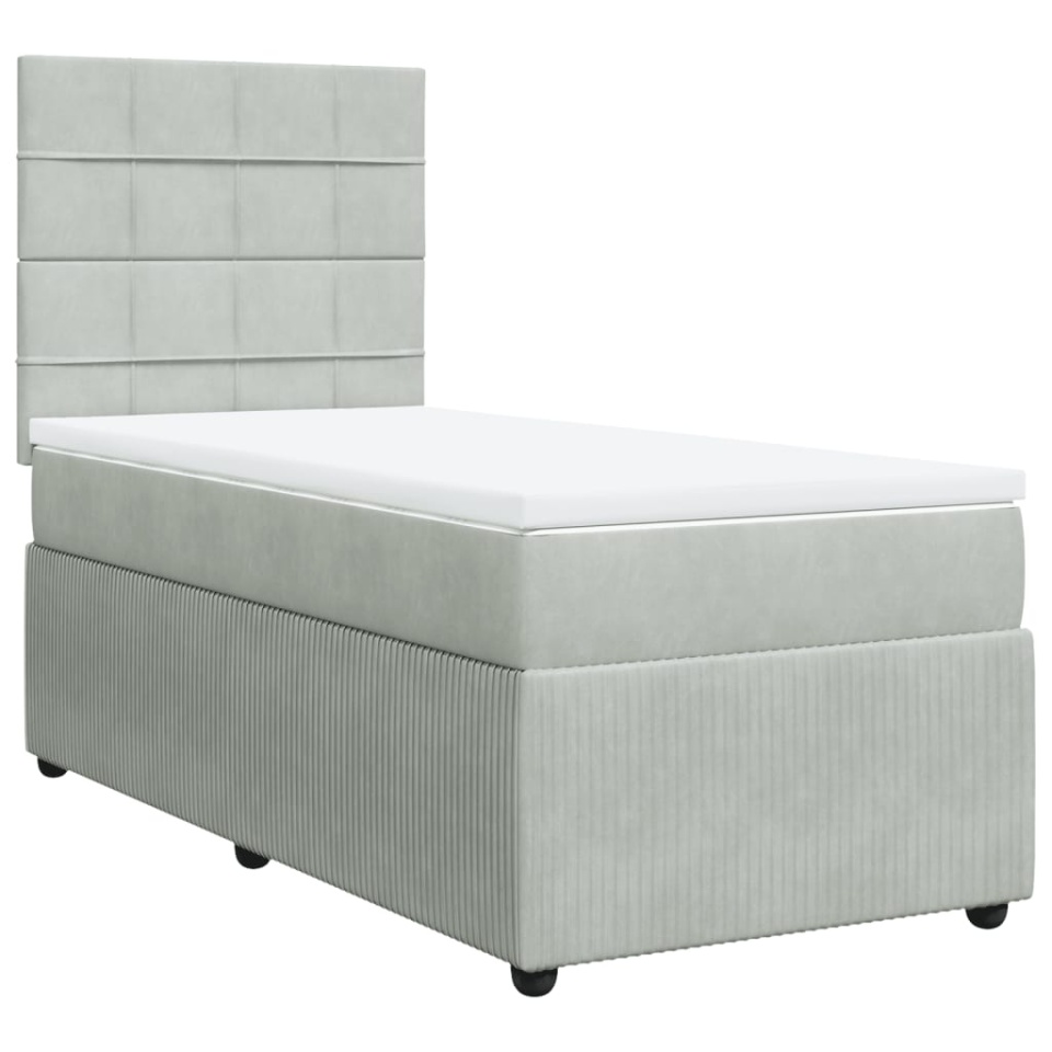 Pat box spring cu saltea, gri deschis, 90x200 cm, catifea - 1 | YEO