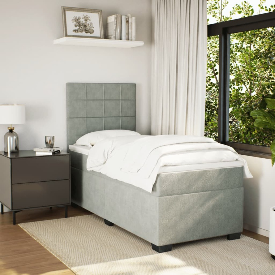Pat box spring cu saltea, gri deschis, 90x200 cm, catifea - 2 | YEO