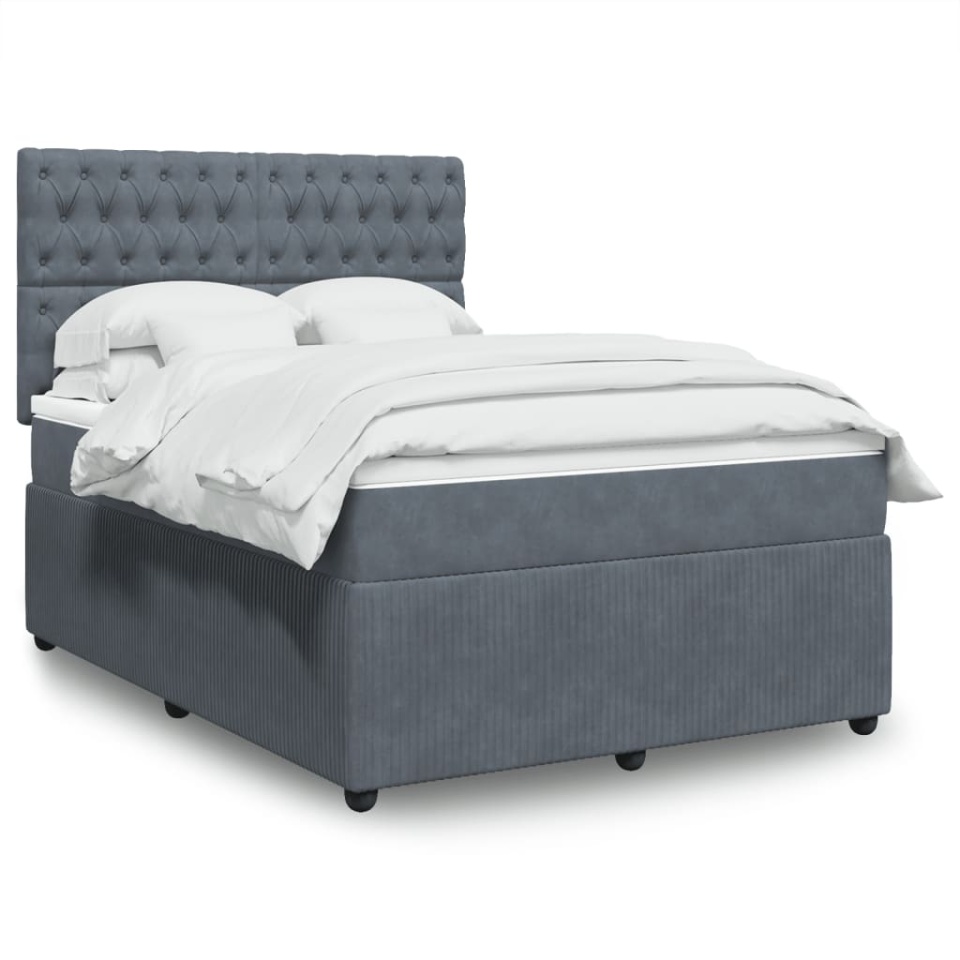 Pat box spring cu saltea, gri închis, 140x200 cm, catifea