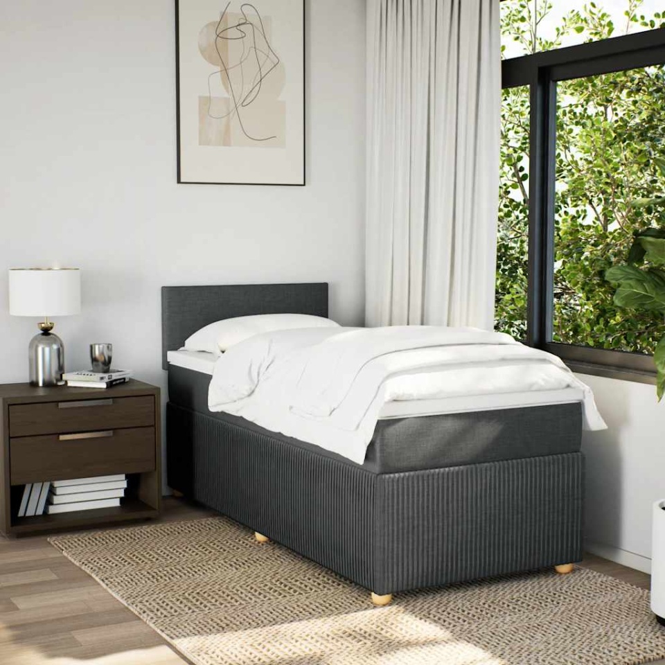 Pat box spring cu saltea, gri închis, 90x190 cm, textil