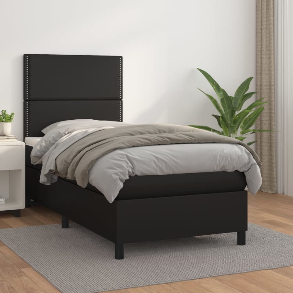 Pat box spring cu saltea, negru, 80x200 cm, piele ecologică