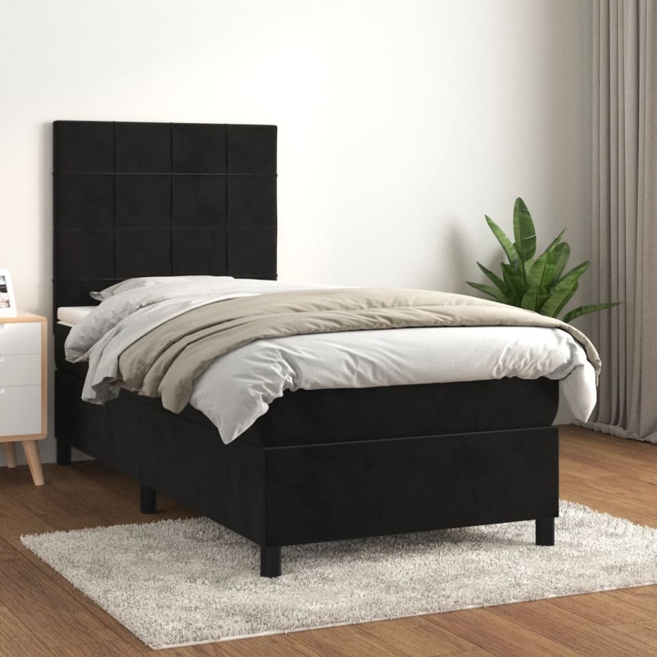 Pat box spring cu saltea, negru, 90x200 cm, catifea