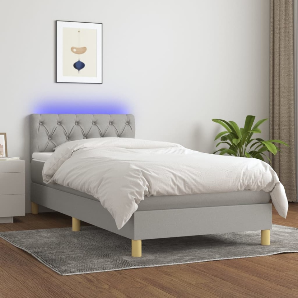 Pat cu arcuri, saltea și LED, gri deschis, 80x200 cm, textil