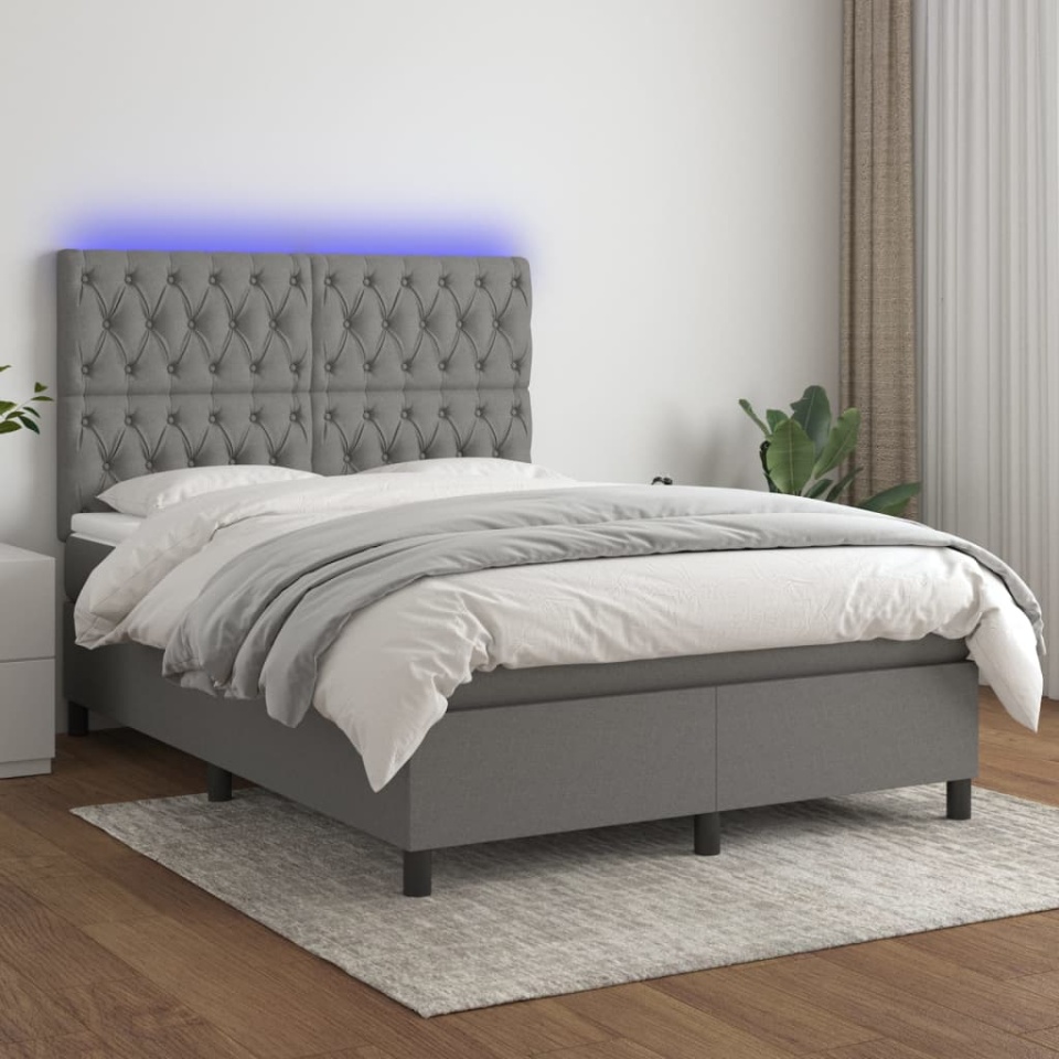 Pat cu arcuri, saltea și LED, gri închis, 140x190 cm, textil