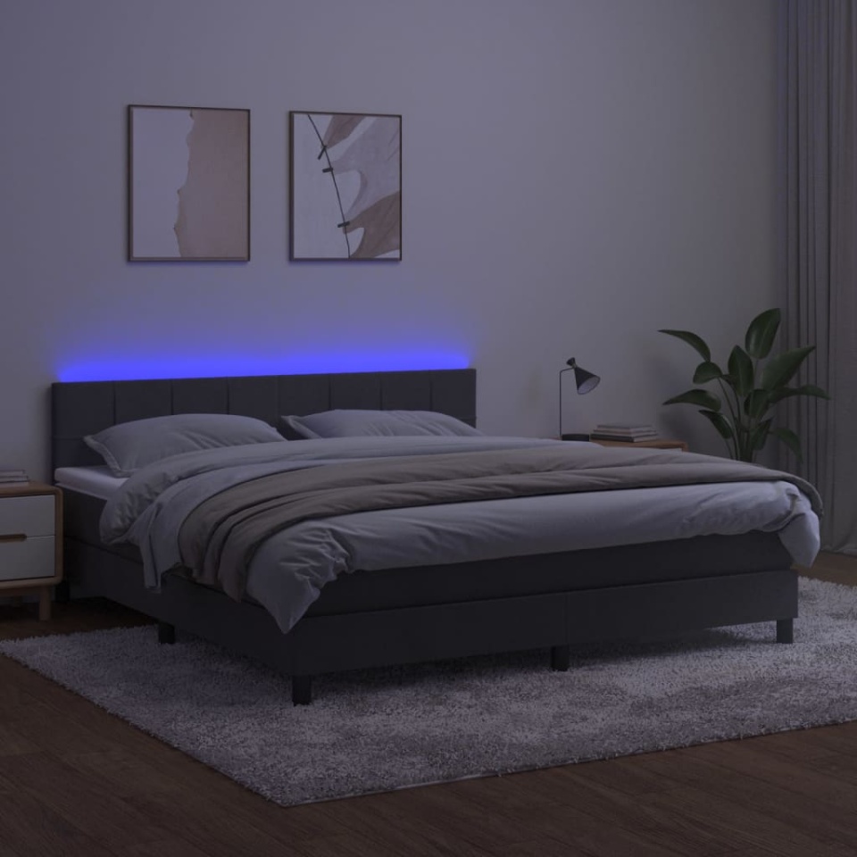 Pat cu arcuri, saltea și LED, gri închis, 160x200 cm, catifea - 2 | YEO
