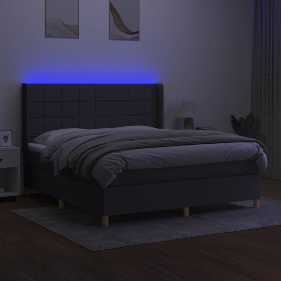 Pat cu arcuri, saltea și LED, gri închis, 180x200 cm, textil - 2 | YEO