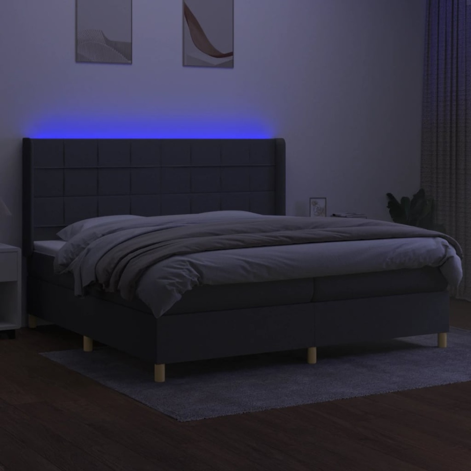 Pat cu arcuri, saltea și LED, gri închis, 200x200 cm, textil - 2 | YEO