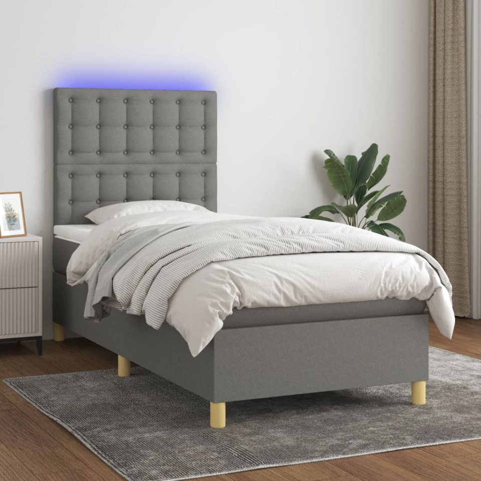 Pat cu arcuri, saltea și LED, gri închis, 90x190 cm, textil