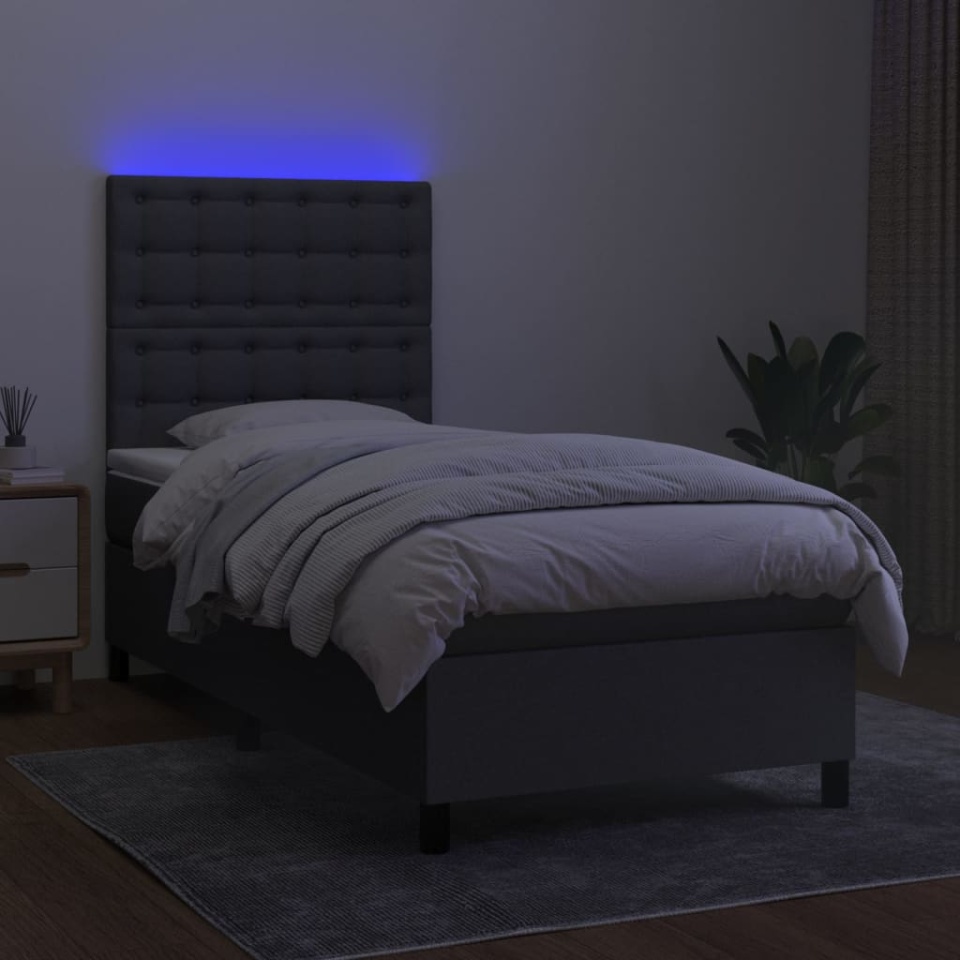 Pat cu arcuri, saltea și LED, gri închis, 90x190 cm, textil - 3 | YEO