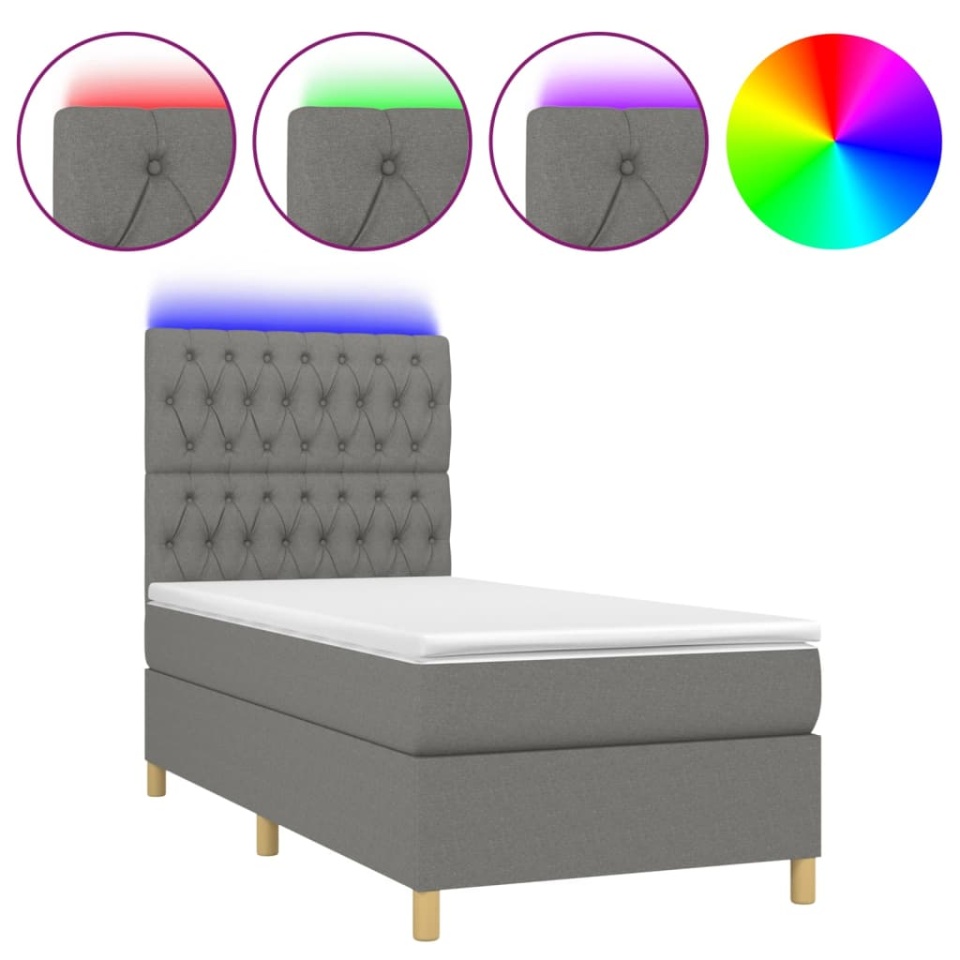 Pat cu arcuri, saltea și LED, gri închis, 90x190 cm, textil - 1 | YEO