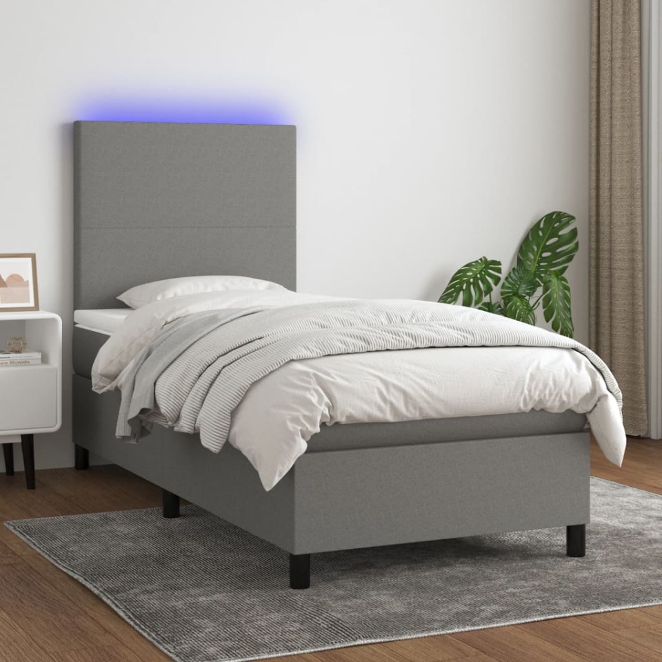 Pat cu arcuri, saltea și LED, gri închis, 90x190 cm, textil