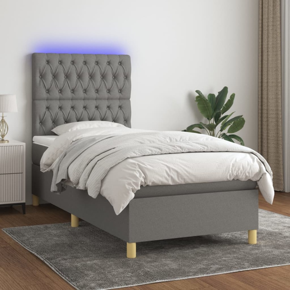 Pat cu arcuri, saltea și LED, gri închis, 90x200 cm, textil