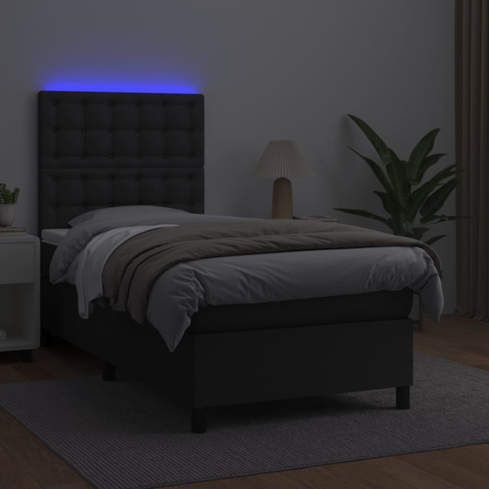 Pat cu arcuri, saltea și LED, negru, 100x200cm, piele ecologică - 3 | YEO