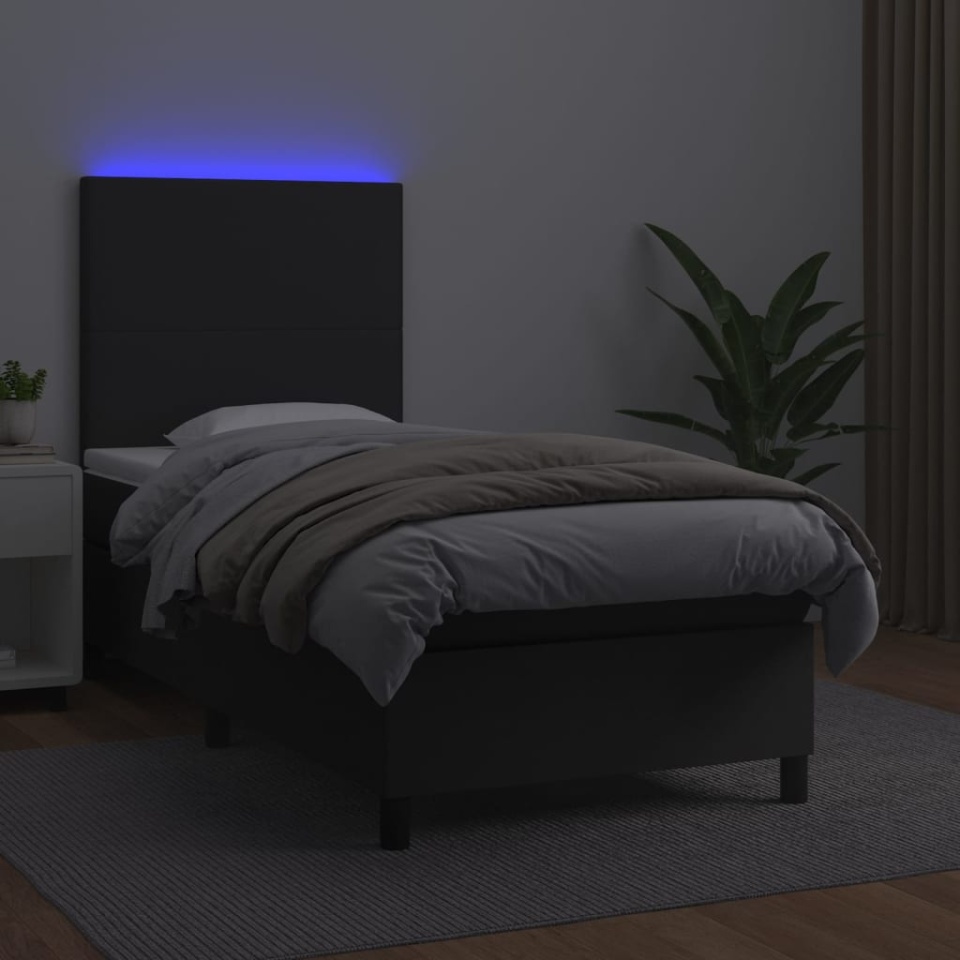 Pat cu arcuri, saltea și LED, negru, 100x200cm, piele ecologică - 3 | YEO