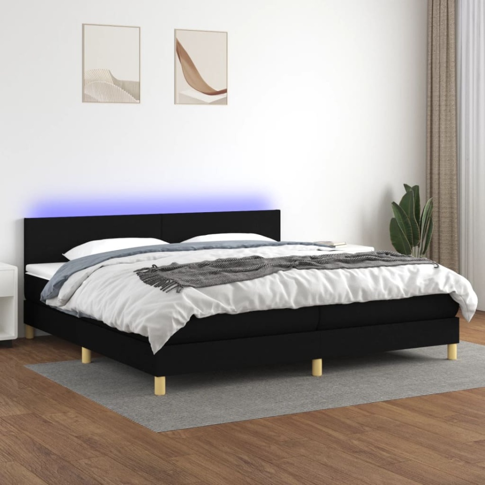 Pat cu arcuri, saltea și LED, negru, 200x200 cm, textil