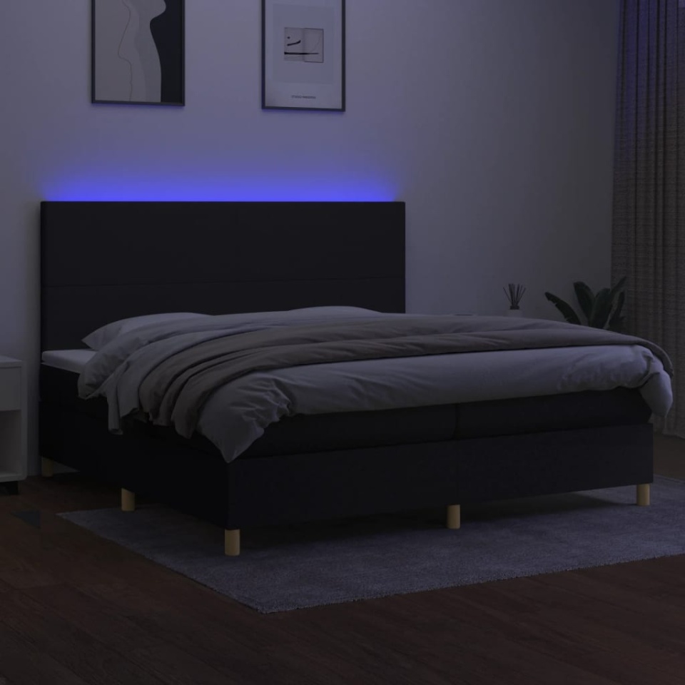 Pat cu arcuri, saltea și LED, negru, 200x200 cm, textil - 3 | YEO