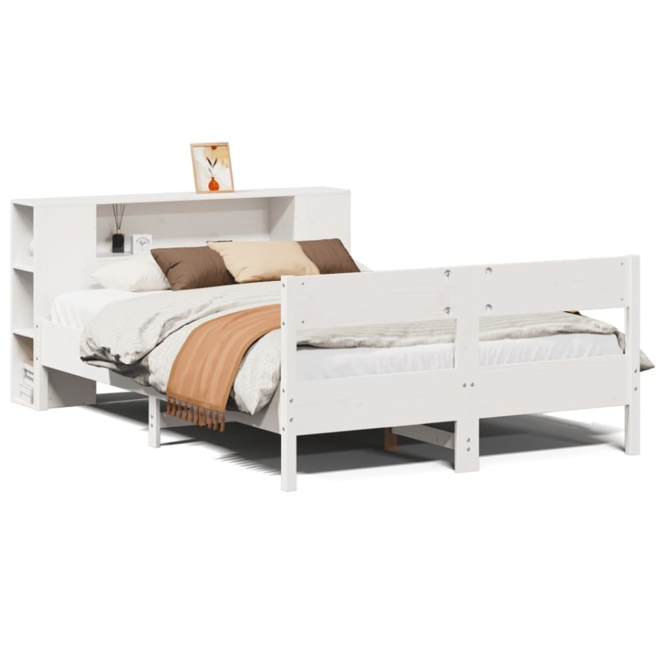 Pat cu bibliotecă fără saltea, alb, 140x190 cm, lemn masiv pin - 1 | YEO