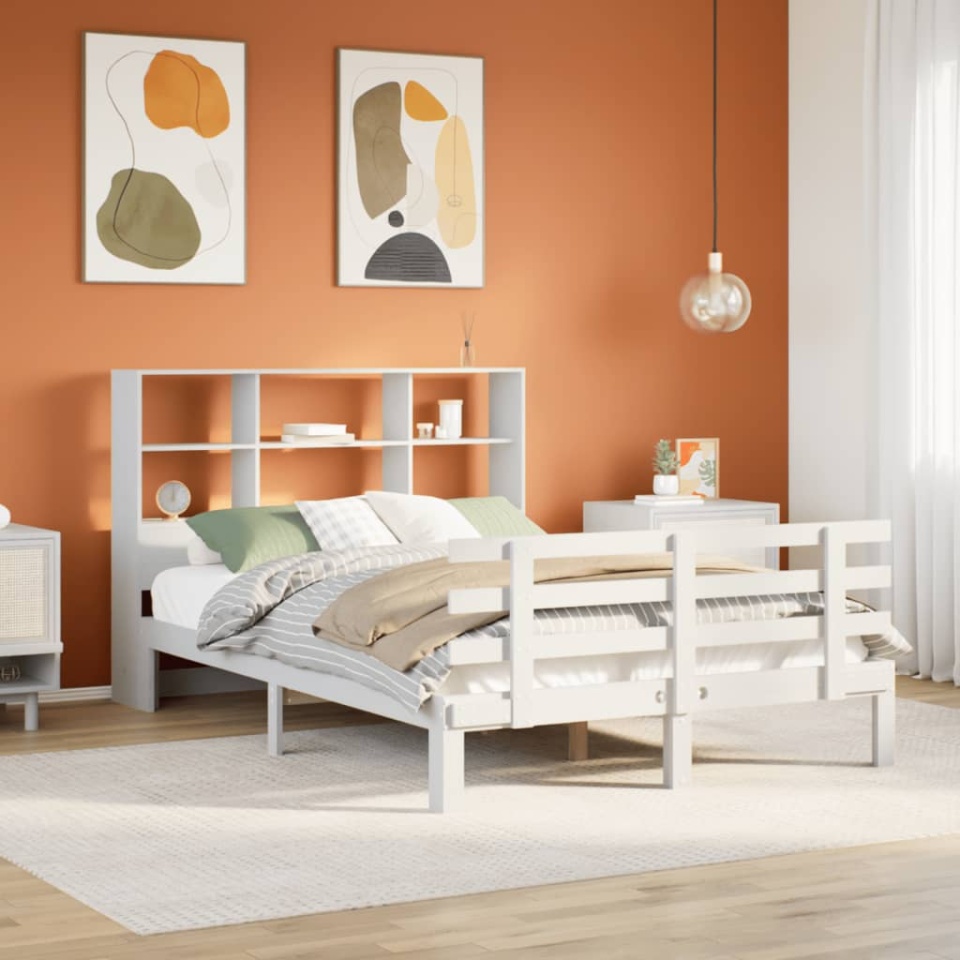 Pat cu bibliotecă fără saltea, alb, 140x190 cm, lemn masiv pin
