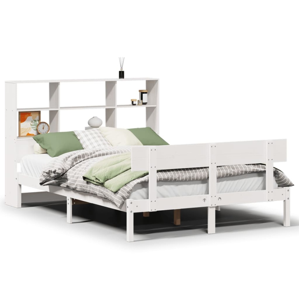 Pat cu bibliotecă fără saltea, alb, 140x190 cm, lemn masiv pin - 1 | YEO