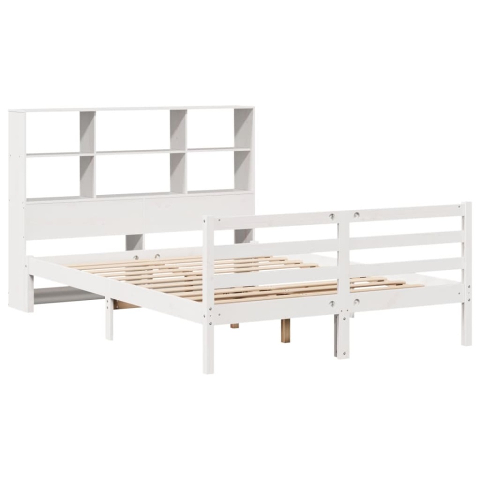Pat cu bibliotecă fără saltea, alb, 160x200 cm, lemn masiv pin - 2 | YEO