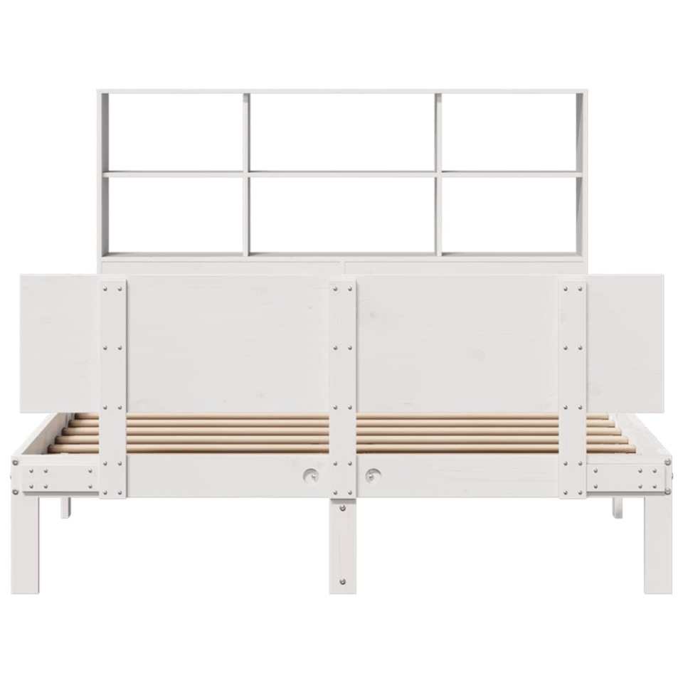 Pat cu bibliotecă fără saltea, alb, 160x200 cm, lemn masiv pin - 3 | YEO
