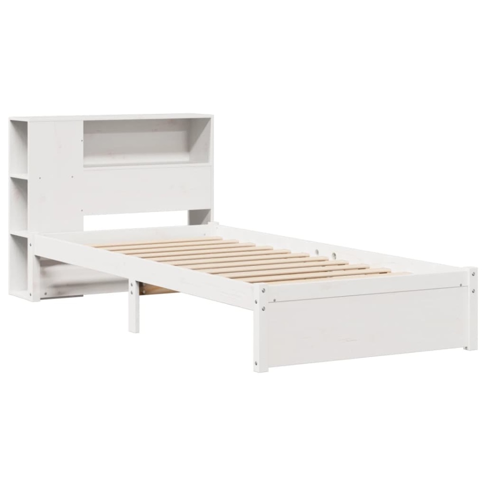 Pat cu bibliotecă fără saltea, alb, 90x190 cm, lemn masiv pin - 2 | YEO