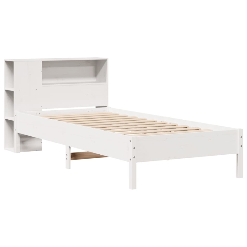 Pat cu bibliotecă fără saltea, alb, 90x190 cm, lemn masiv pin - 2 | YEO