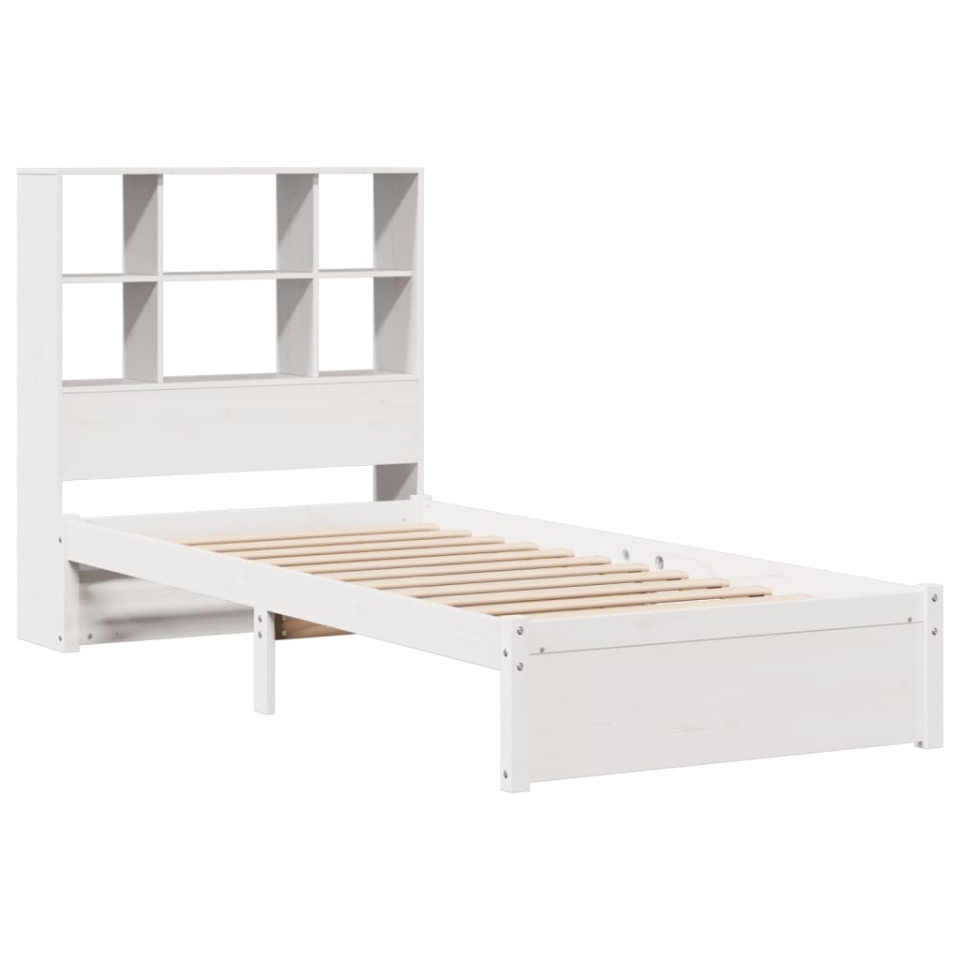 Pat cu bibliotecă fără saltea, alb, 90x190 cm, lemn masiv pin - 2 | YEO
