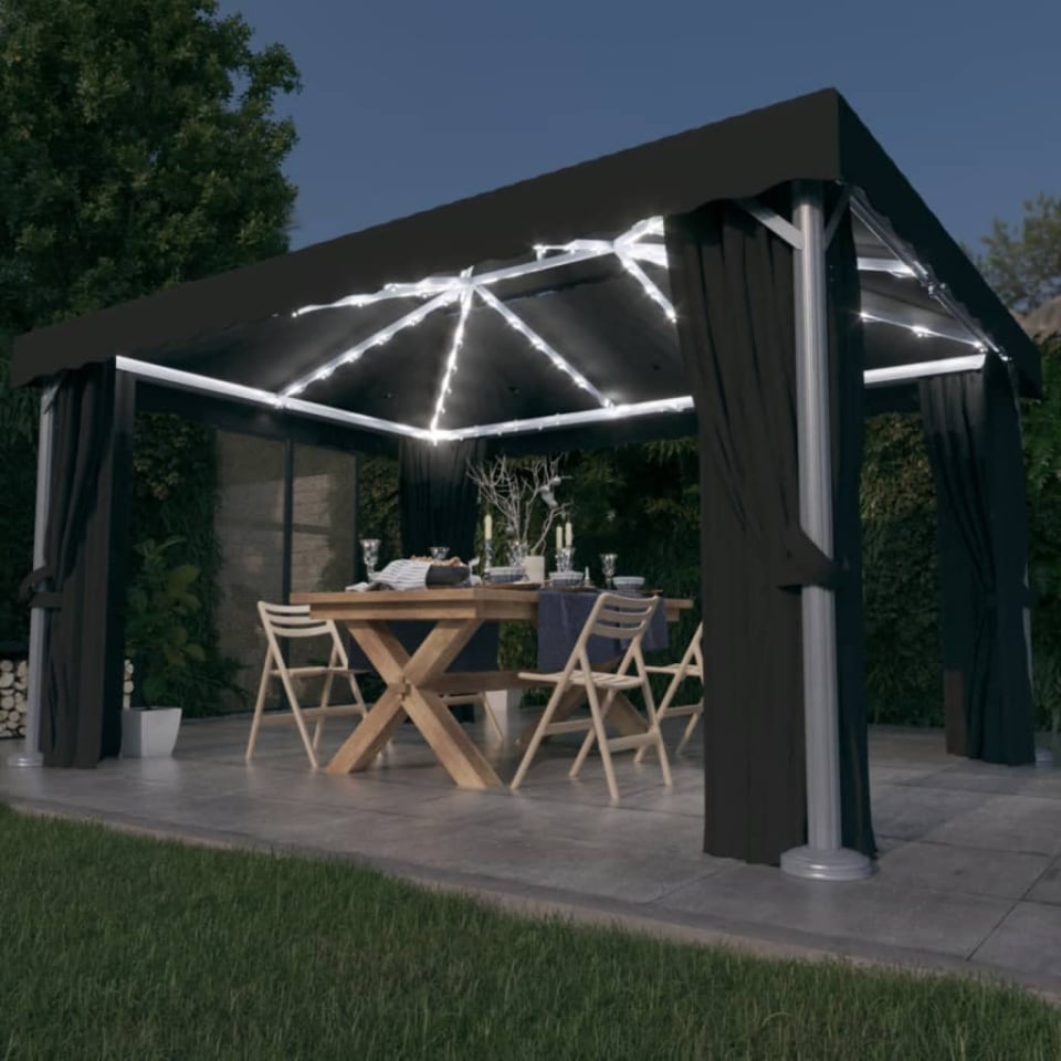 Pavilion cu perdele & siruri lumini LED, antracit, 4x3 m