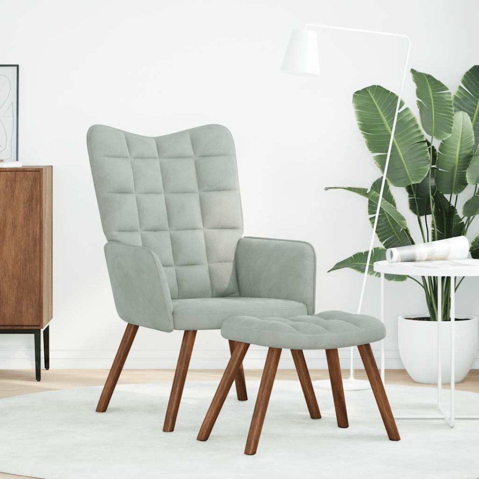 Scaun de relaxare cu taburet, gri deschis, catifea - 1 | YEO