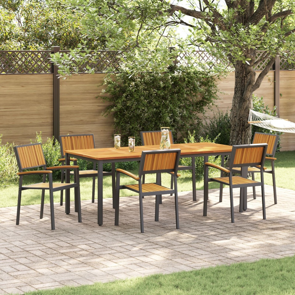 Scaune de grădină stacking 6 pcs Oțel negru și lemn solid de acacia