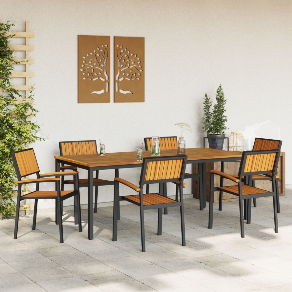 Scaune de grădină stacking 6 pcs Oțel negru și lemn solid de acacia - 2 | YEO